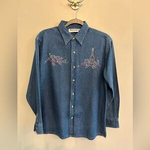 Christine Alexander Colored Crystals Studs Wine Bottle Goblets Denim Shirt sz M